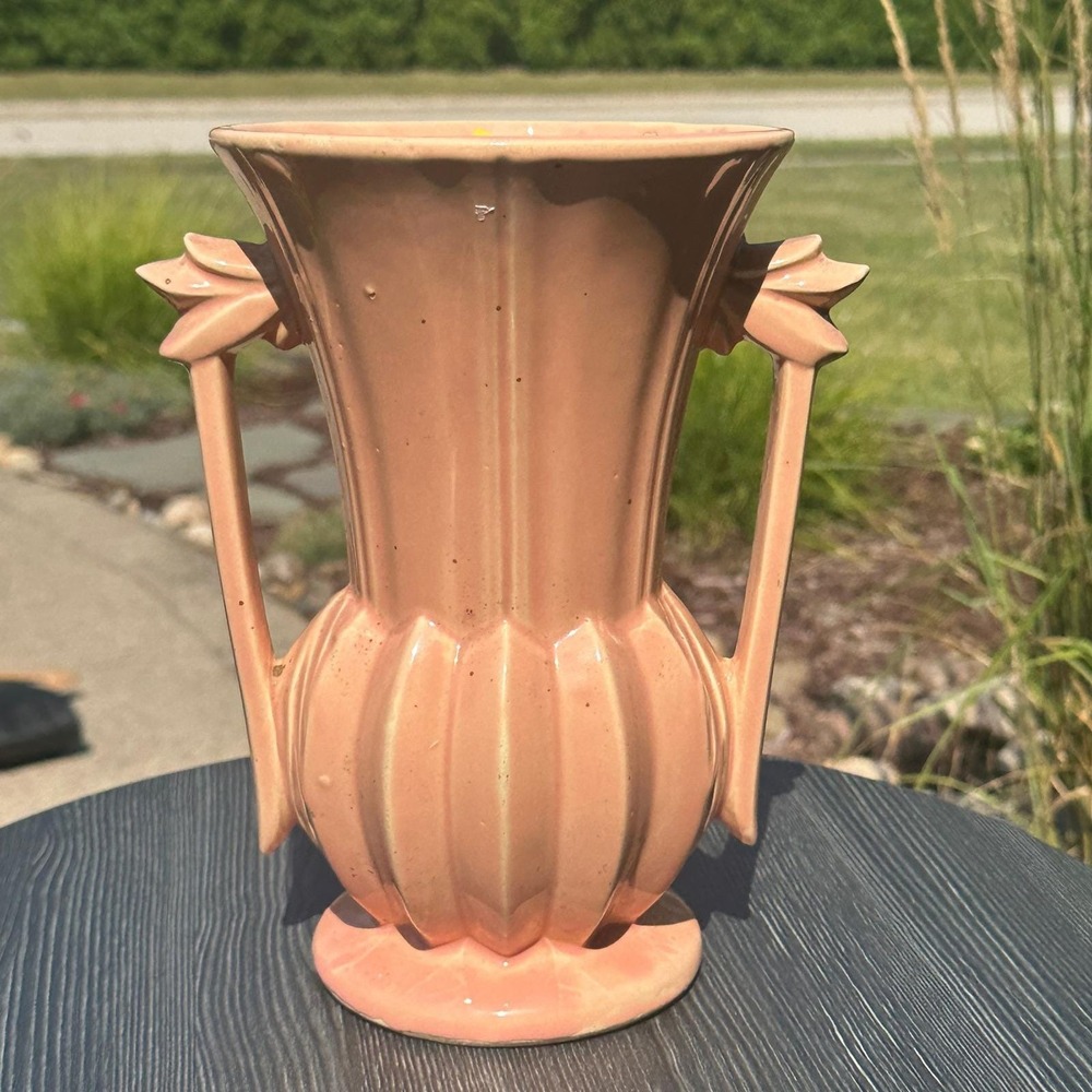 Vintage McCoy Pink Fluted Ceramic Pitcher Vase Deco-Style Mid-Century Pottery